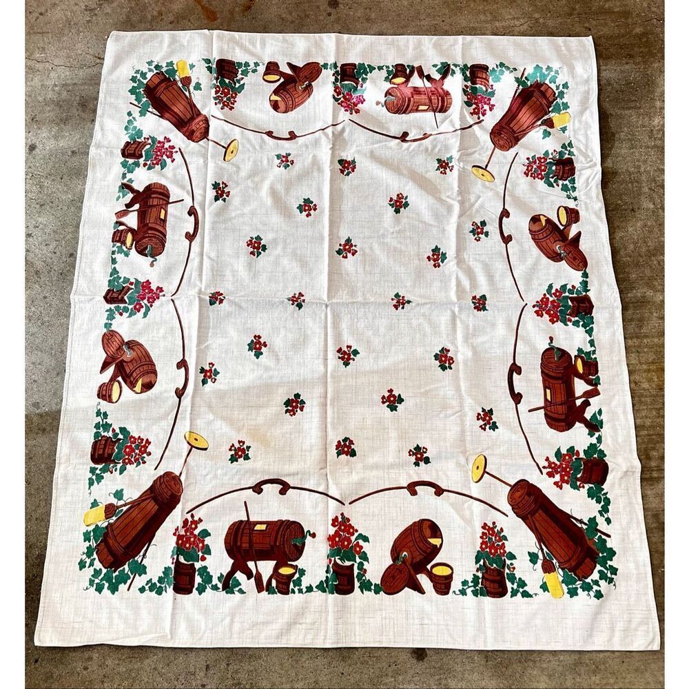 Vintage Simtex Mid Century Butter Churns & Red Flowers Tablecloth